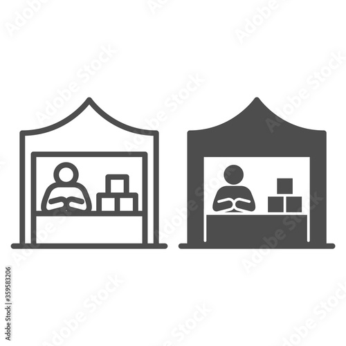 Kiosk with seller and goods line and solid icon, commerce concept, Marketplace tent with seller sign on white background, male seller at street market icon in outline style. Vector graphics.