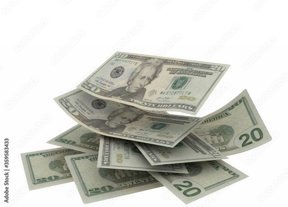 dollars 20 twenty falling in white background - 3d rendering dollars 20 twenty falling in white background - 3d rendering