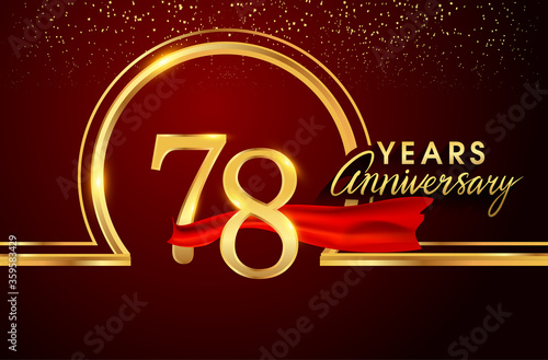 78th anniversary logo with confetti and golden ring, red ribbon isolated on red background, vector design for greeting card and invitation card.