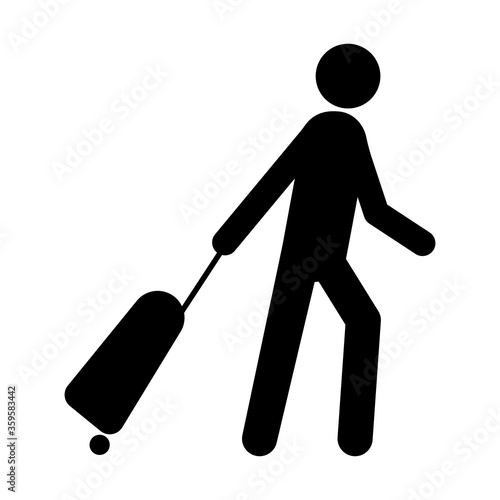 Icon of a man with a suitcase. Person traveling with baggage. Pictogram of passenger or tourist.