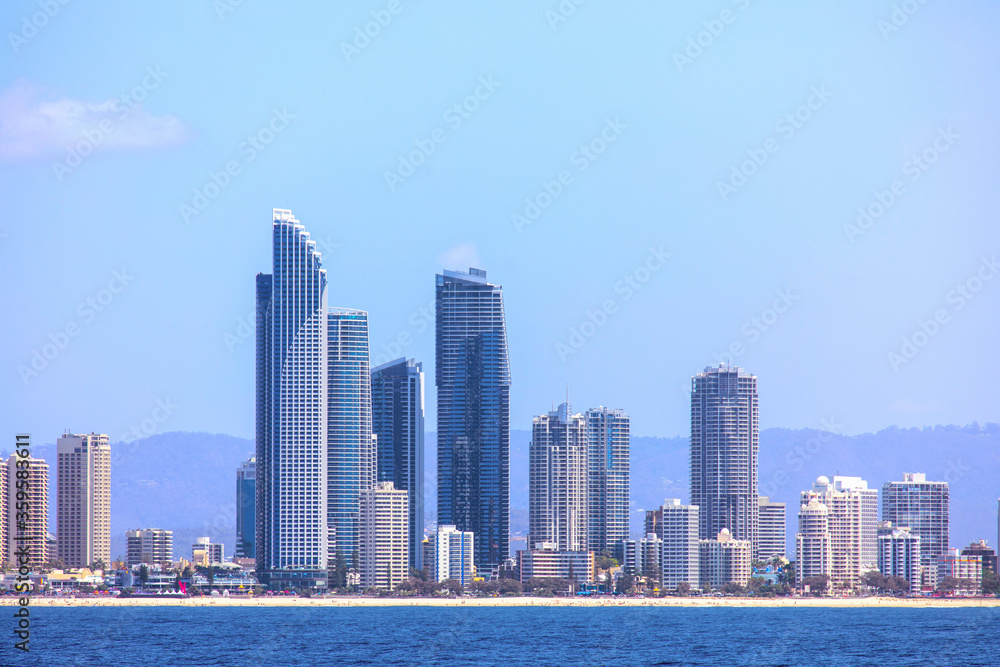Gold Coast Surfers Paradise skyline, cityscape view from the ocean Gold Coast Surfers Paradise skyline, cityscape view from the ocean