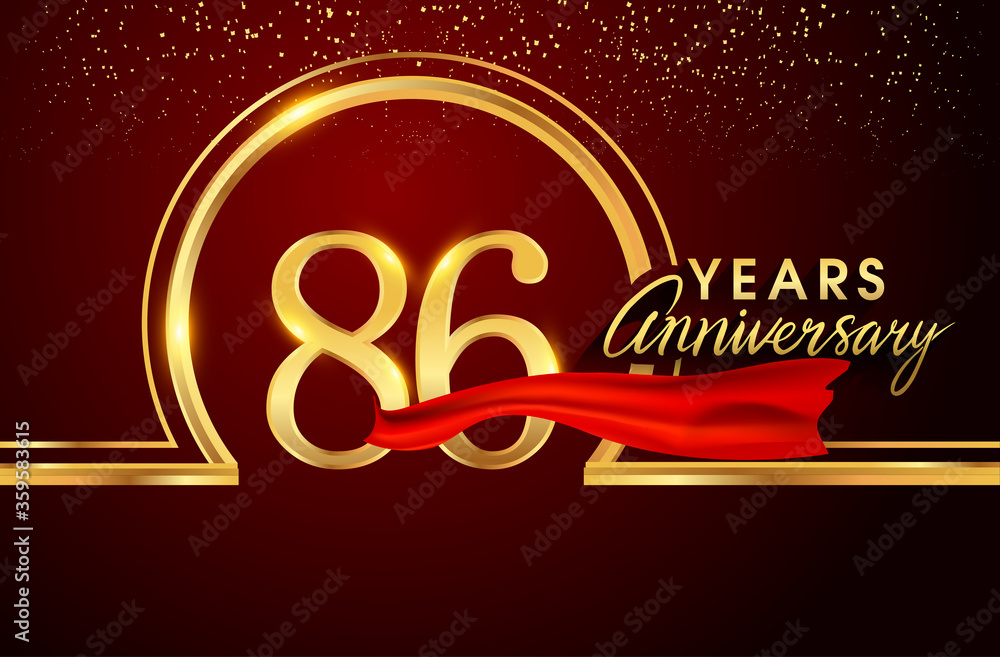 86th anniversary logo with confetti and golden ring, red ribbon isolated on red background, vector design for greeting card and invitation card.