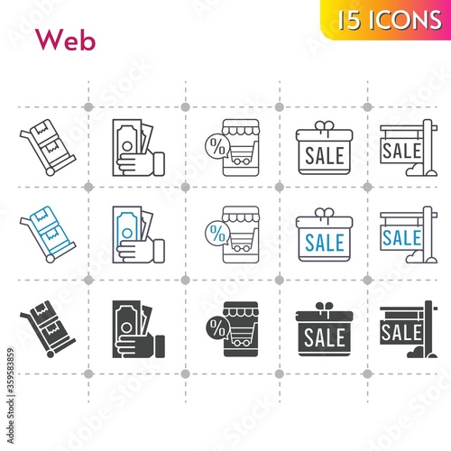 web icon set. included gift, online shop, sale, money, trolley icons on white background. linear, bicolor, filled styles.
