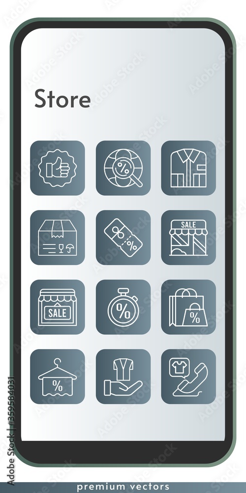 store icon set. included shopping bag, shirt, package, shop, like, towel, jacket, phone call, discount, internet, stopwatch icons on phone design background . linear styles. store icon set. included shopping bag, shirt, package, shop, like, towel, jacket, phone call, discount, internet, stopwatch icons on phone design background . linear styles.