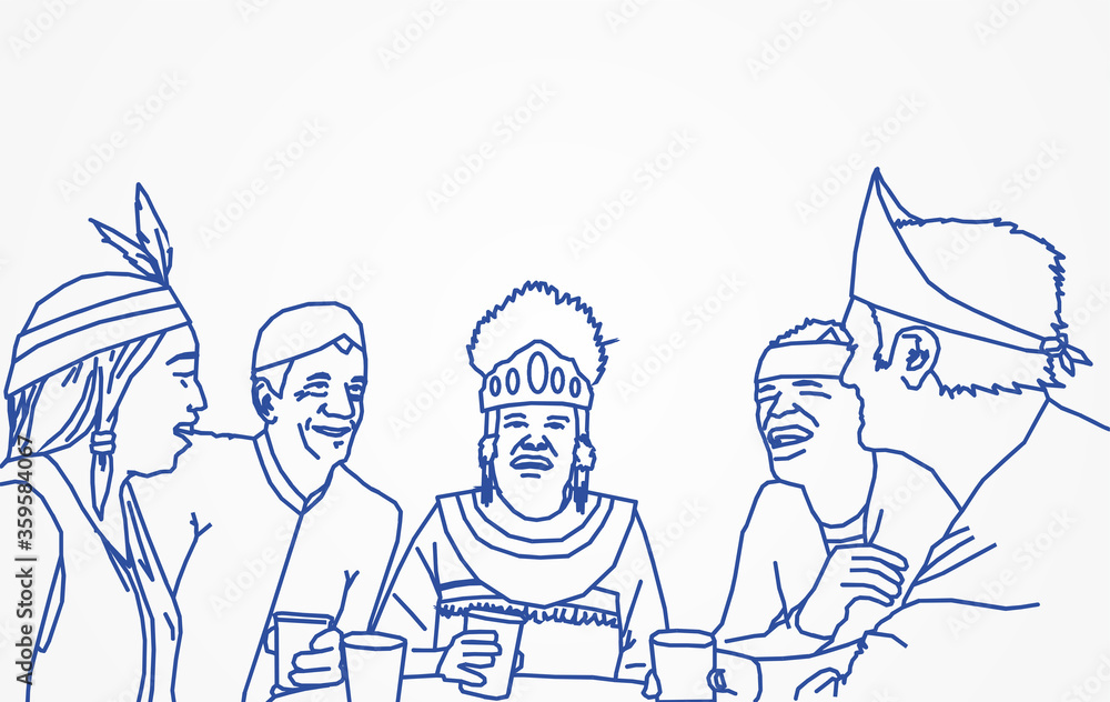 lineart illustration of multicultural fraternity mingling with smiles and laughter