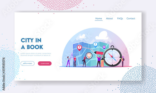 Cartography Landing Page Template. Tiny Characters with Huge Compass, Divider and Pen Planning Route on Map Put Marks for Destination Points. Tourism Hobby, Sport. Cartoon People Vector Illustration