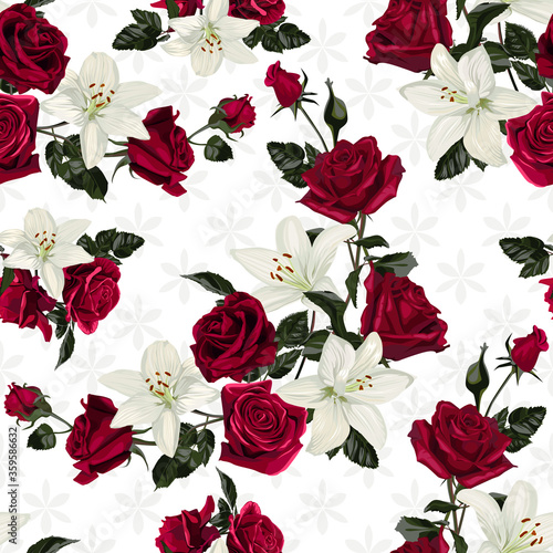 Seamless pattern with flowers of white lilies and red roses.