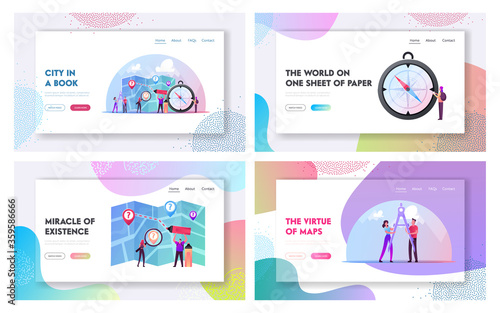 Cartography Landing Page Template Set. Tiny Characters with Huge Compass, Divider and Pen Planning Route on Map Put Destination Marks Points. Tourism Hobby, Sport. Cartoon People Vector Illustration