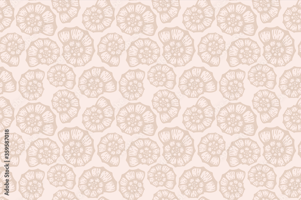 Watercolor illustration of seamless pattern seashells in beige