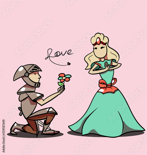 vector cartoon knight giving flower to princess