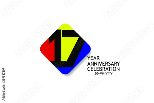 Free Download 17 year anniversary Billboard Style, minimalist logo years, jubilee 4 colors Black, red, yellow, green and purple, greeting card. invitation - Vector - GFXLoad