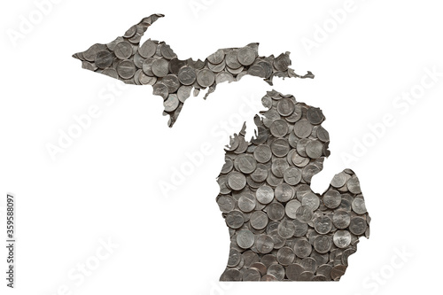 Michigan State Map Outline and Piles of Nickels, Money Concept