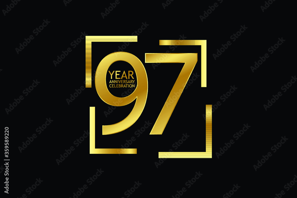 97 year anniversary celebration logotype. anniversary logo with golden and light white color isolated on black background, vector design for celebration, invitation and greeting card-Vector