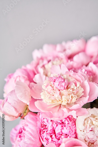 Fototapeta Naklejka Na Ścianę i Meble -  Pink Angel Cheeks peonies in a metal vase. Beautiful peony flower for catalog or online store. Floral shop concept . Beautiful fresh cut bouquet. Flowers delivery