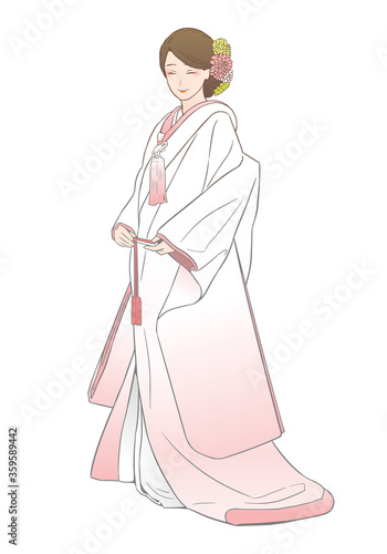 薄ピンクグラデーションの白無垢を着た女性のベクターイラスト（洋髪）
