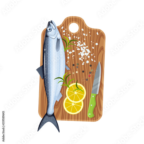 Herring fish on cutting board with lemon, salt and pepper. Vector illustration cartoon flat icon isolated on white background.