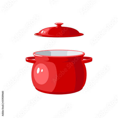 Red saucepan with open lid. Kitchen utensil. Vector illustration cartoon flat icon isolated on white background.