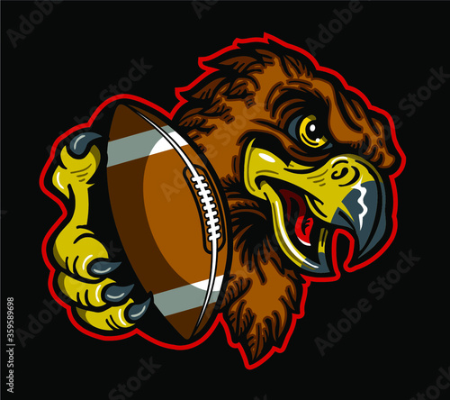 hawks football team mascot holding ball in claw for school, college or league
