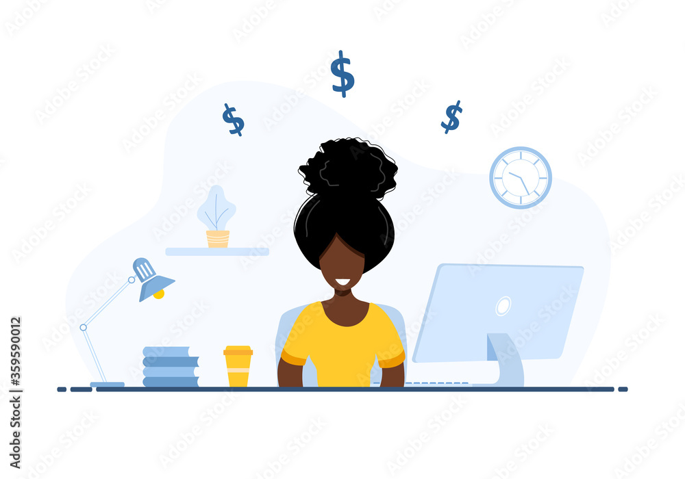 Women freelance. African girl in headphones with laptop sitting at a table. Concept illustration for working from home, studying, education, communication, healthy lifestyle. Vector in flat style. Women freelance. African girl in headphones with laptop sitting at a table. Concept illustration for working from home, studying, education, communication, healthy lifestyle. Vector in flat style.