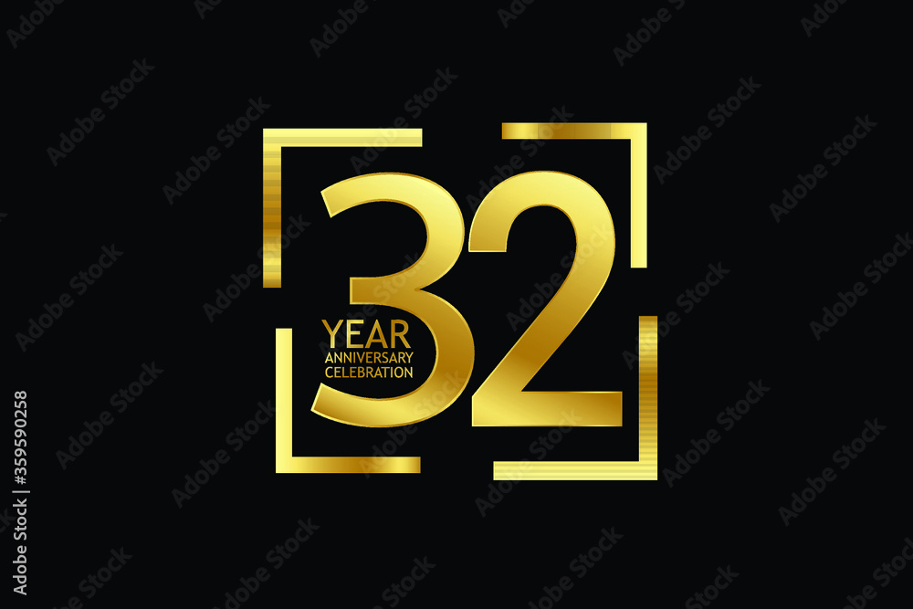 32 year anniversary celebration logotype. anniversary logo with golden and light white color isolated on black background, vector design for celebration, invitation and greeting card-Vector
