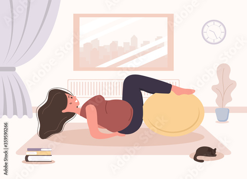 Yoga during pregnancy. Woman doing fitness exercises with fitball. Health care and sport concept. Beauty female character at home interior. Vector illustration in flat style.