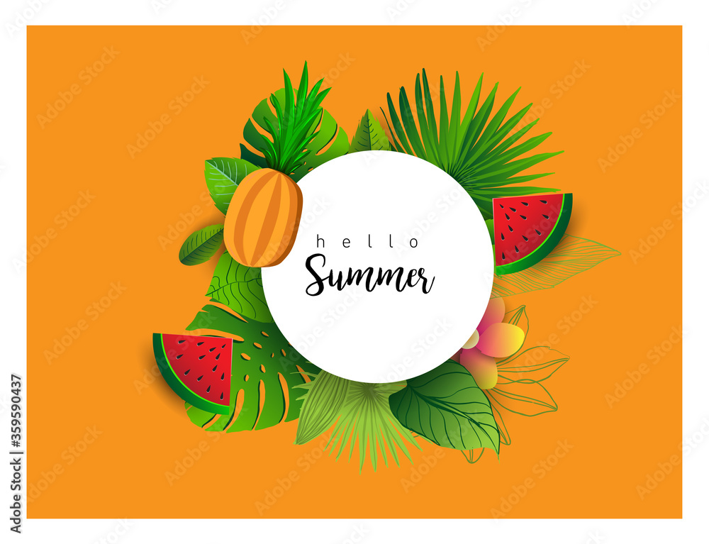 Fototapeta premium Summer vector banner design with tropical fruits and palm leaves background. Vector illustration.