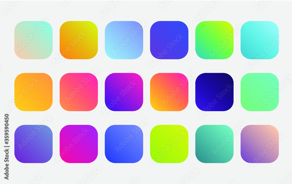 Gradient holographic on rounded rectangle. Vector rounded vibrant abstract multicolor neon, purple, blue palette gradients, round buttons flat vivid color set