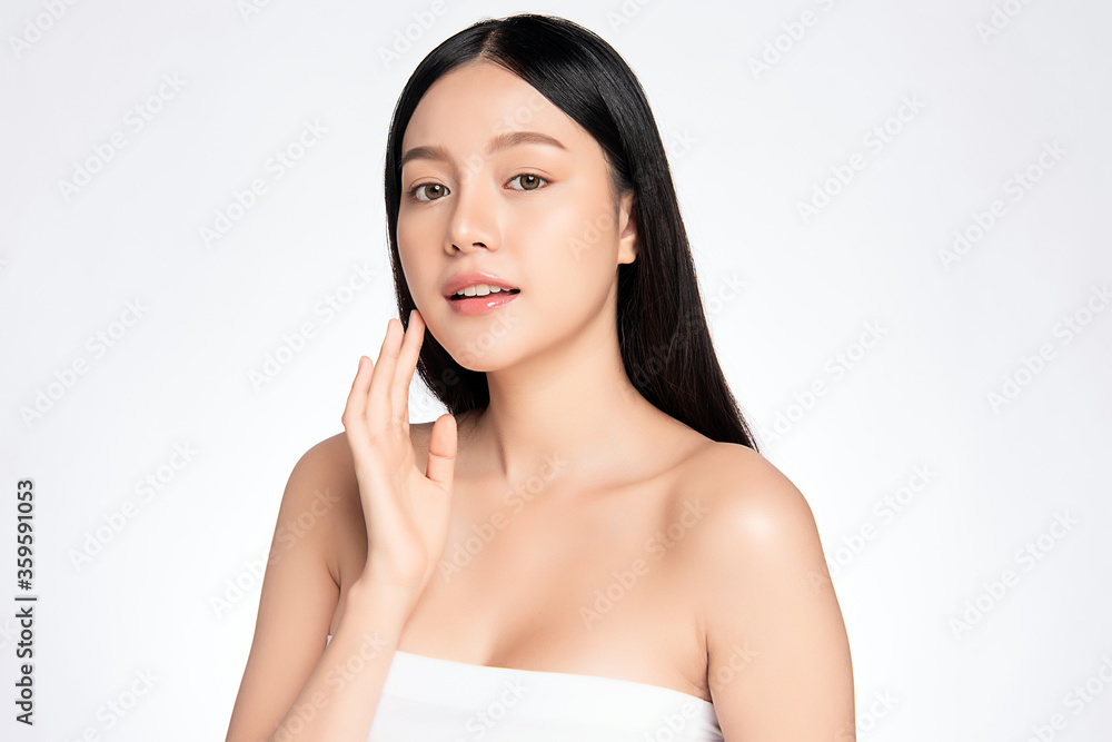 Beautiful Young asian Woman touching her clean face with fresh Healthy Skin, isolated on white background, Beauty Cosmetics and Facial treatment Concept Beautiful Young asian Woman touching her clean face with fresh Healthy Skin, isolated on white background, Beauty Cosmetics and Facial treatment Concept
