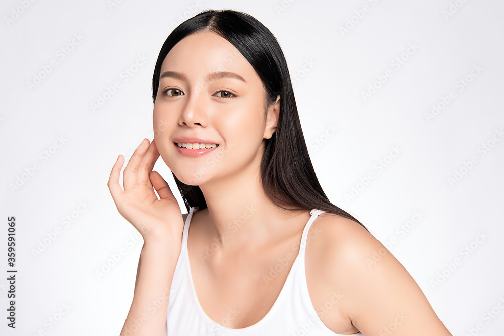 Beautiful Young asian Woman touching her clean face with fresh Healthy Skin, isolated on white background, Beauty Cosmetics and Facial treatment Concept Beautiful Young asian Woman touching her clean face with fresh Healthy Skin, isolated on white background, Beauty Cosmetics and Facial treatment Concept