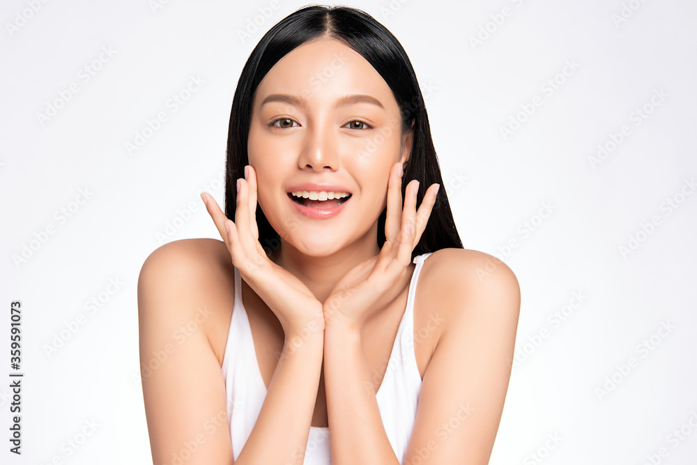 Beautiful Young asian Woman touching her clean face with fresh Healthy Skin, isolated on white background, Beauty Cosmetics and Facial treatment Concept Beautiful Young asian Woman touching her clean face with fresh Healthy Skin, isolated on white background, Beauty Cosmetics and Facial treatment Concept