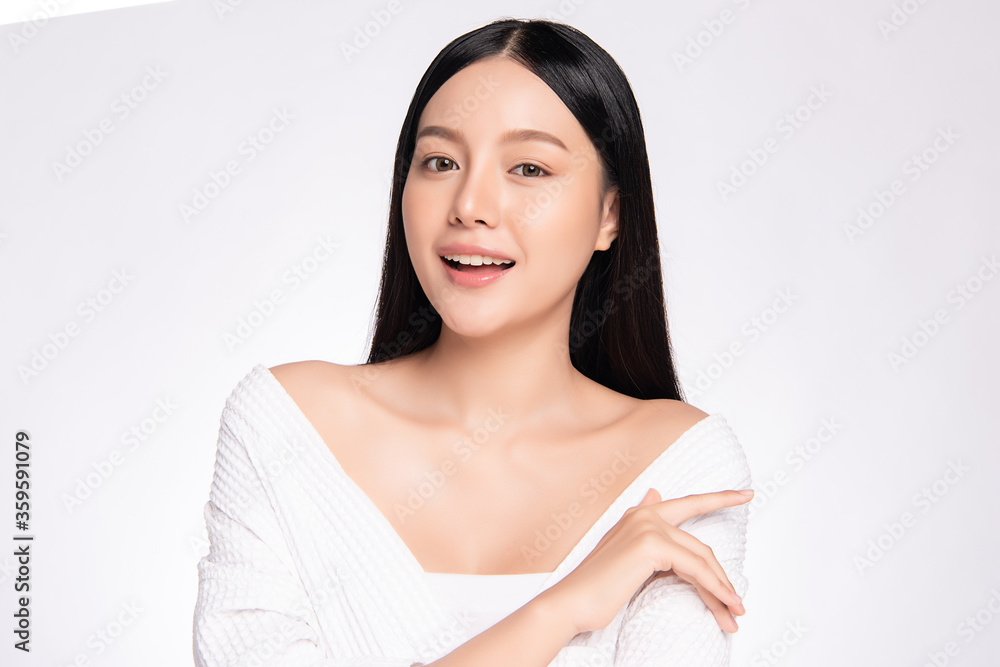 Beautiful Young Asian Woman touching her body with fresh Healthy Skin, isolated on white background, Beauty Cosmetics and Facial treatment Concept. Beautiful Young Asian Woman touching her body with fresh Healthy Skin, isolated on white background, Beauty Cosmetics and Facial treatment Concept.