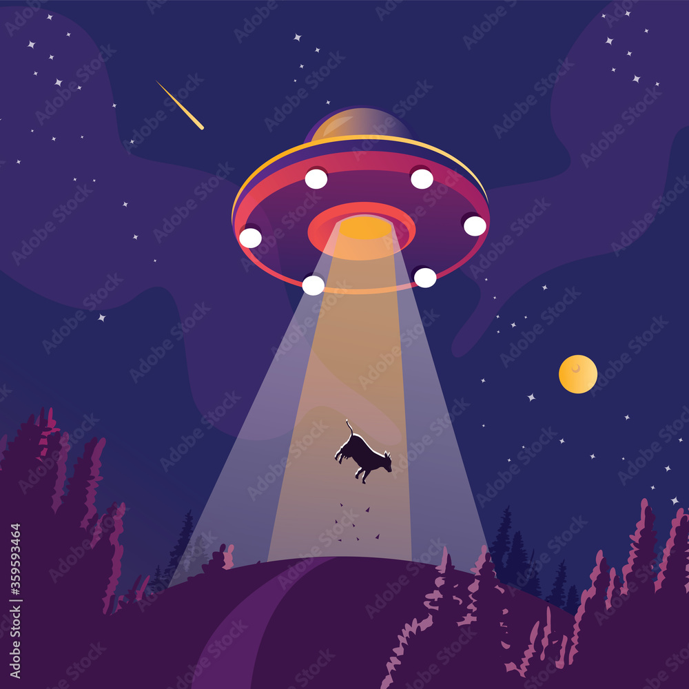 PrintUFO abducting a cow silhouette. Alien space ship, futuristic ...