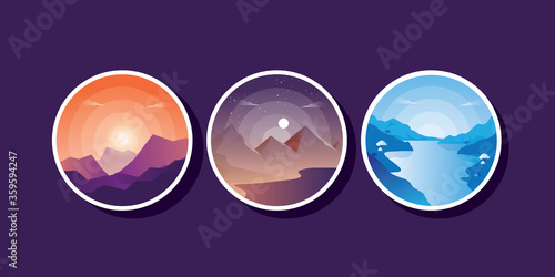 set collection of landscape scene patch with natural mountain river trees and sunset sunrise