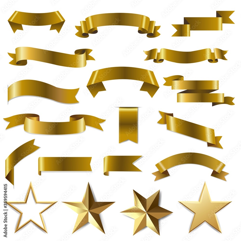 Golden Ribbons And Stars Set White Background With Gradient Mesh, Vector Illustration