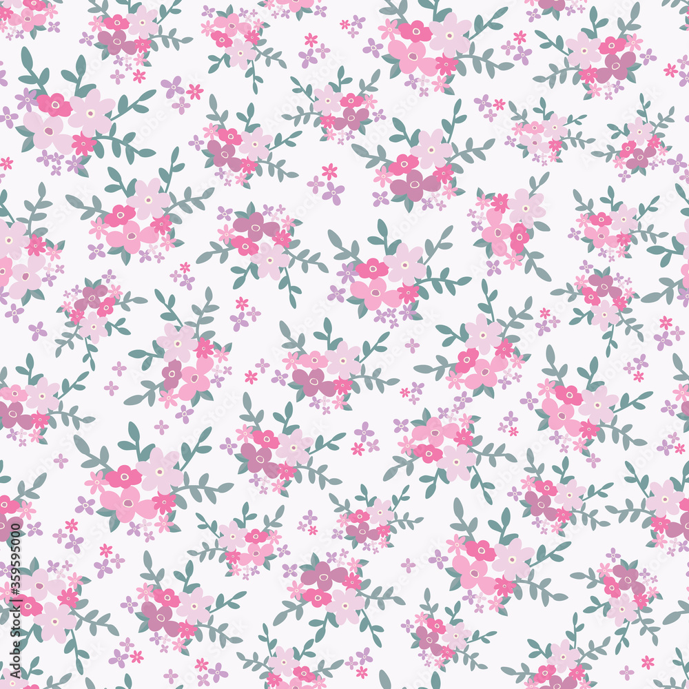 Beautiful pink floral seamless pattern with Scandinavian bouquet on white background. 