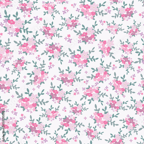 Beautiful pink floral seamless pattern with Scandinavian bouquet on white background. 