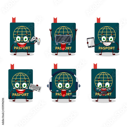 Passport cartoon character are playing games with various cute emoticons