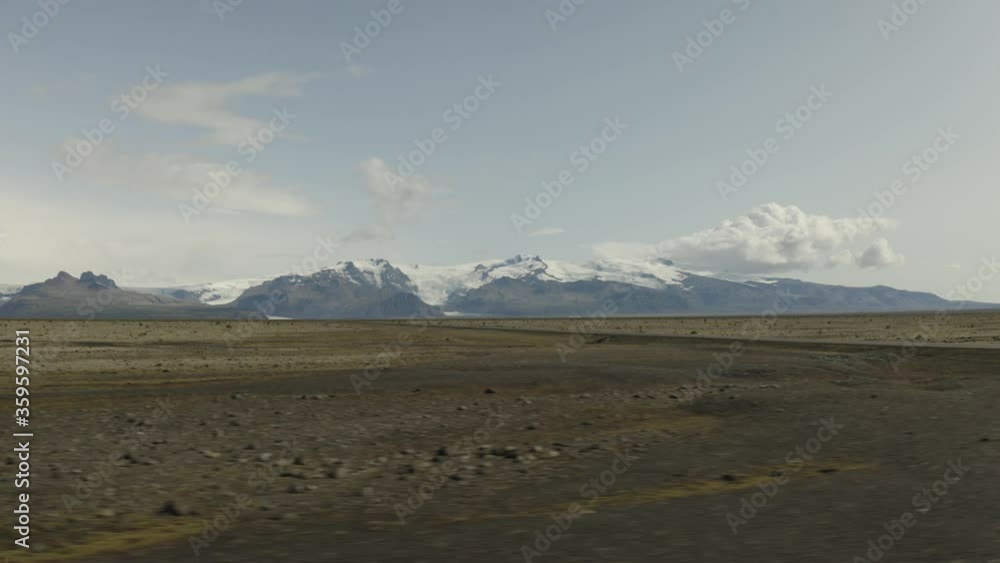 Aerial View, Vatnajökull Glacier, Ring Road, Crossing The Road, Lava Fields, Iceland, Flying Fast And To The Right (Camera Movement) Aerial View, Vatnajökull Glacier, Ring Road, Crossing The Road, Lava Fields, Iceland, Flying Fast And To The Right (Camera Movement)
