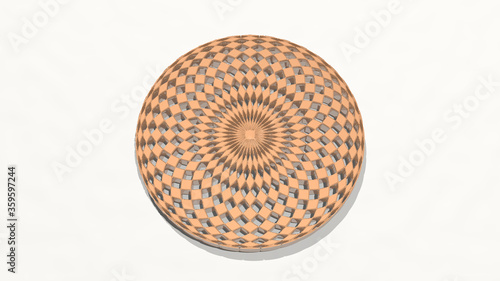 hypnotic pattern in circle made by 3D illustration of a shiny metallic sculpture on a wall with light background. business and spiral