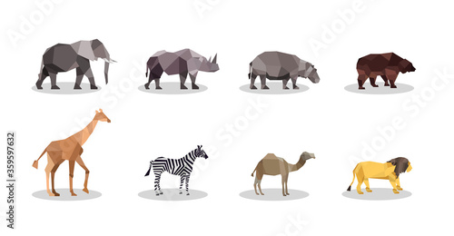 Elephant  Rhino  Hippo  Bear  Giraffe  Zebra  Camel  Lion  Zoo animals vector