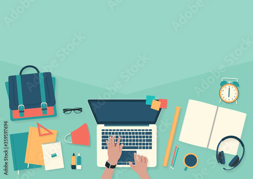 Do homework on desktop with laptop. Banner back to school  with bag, educational supplies creativity, education. Flat Vector Illustration.