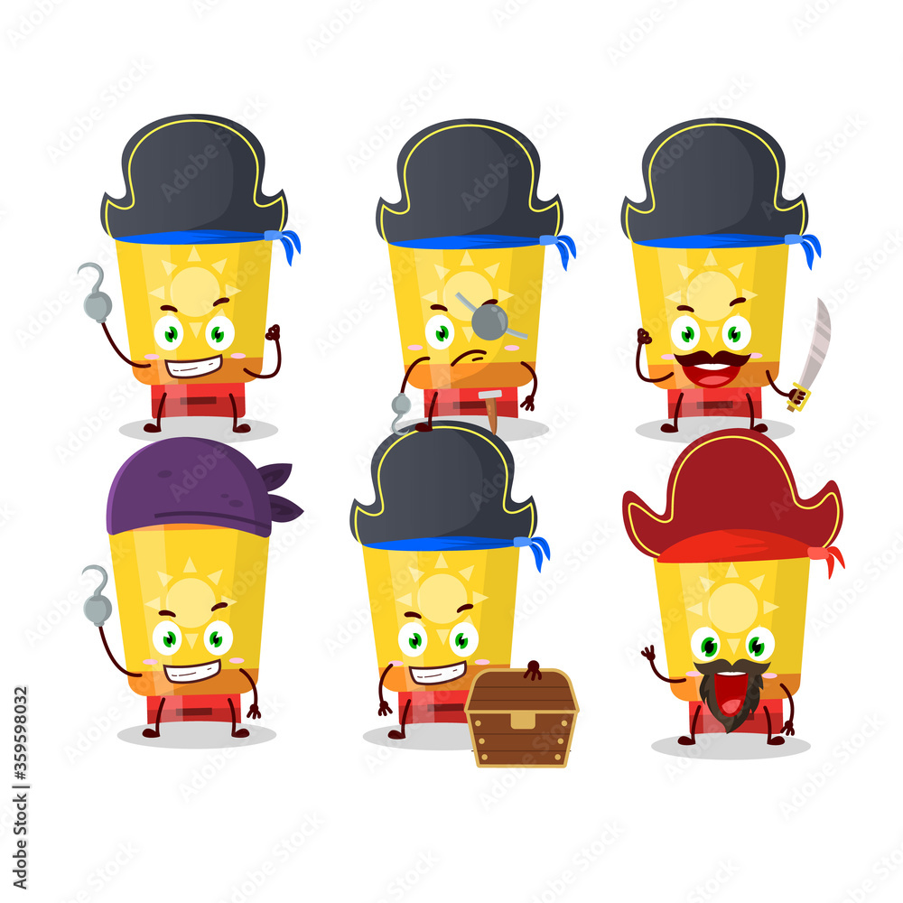 Cartoon character of sun block with various pirates emoticons Cartoon character of sun block with various pirates emoticons
