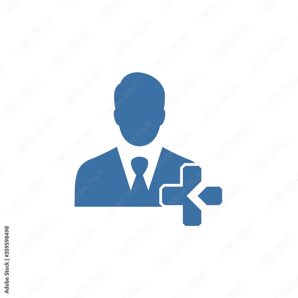 Man and plus. Connect a specialist to work. Vector icon isolated on white background. Man and plus. Connect a specialist to work. Vector icon isolated on white background.