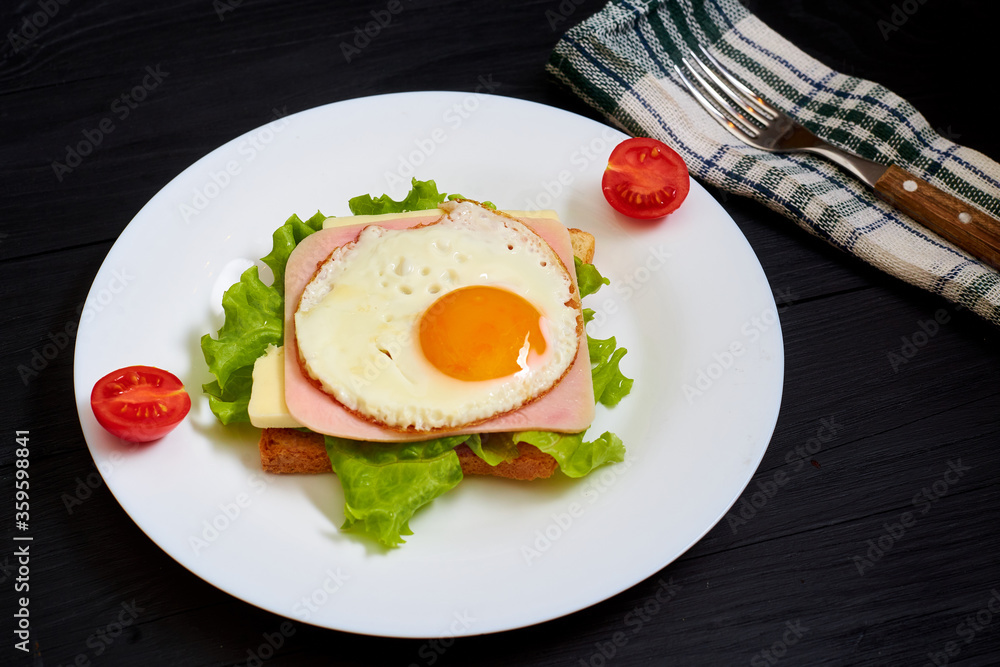 Toast with ham, egg and tomato on a plate on a black background. Toast with ham, egg and tomato on a plate on a black background.