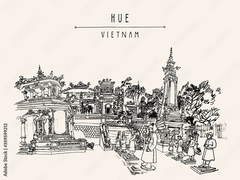 Hue, Vietnam, Indochina. Tomb of Khai Dinh emperor. Sculptures of warriors, trees, traditional architecture. Vintage touristic postcard