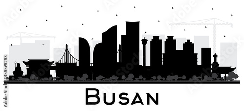 Busan South Korea City Skyline Silhouette with Black Buildings Isolated on White.