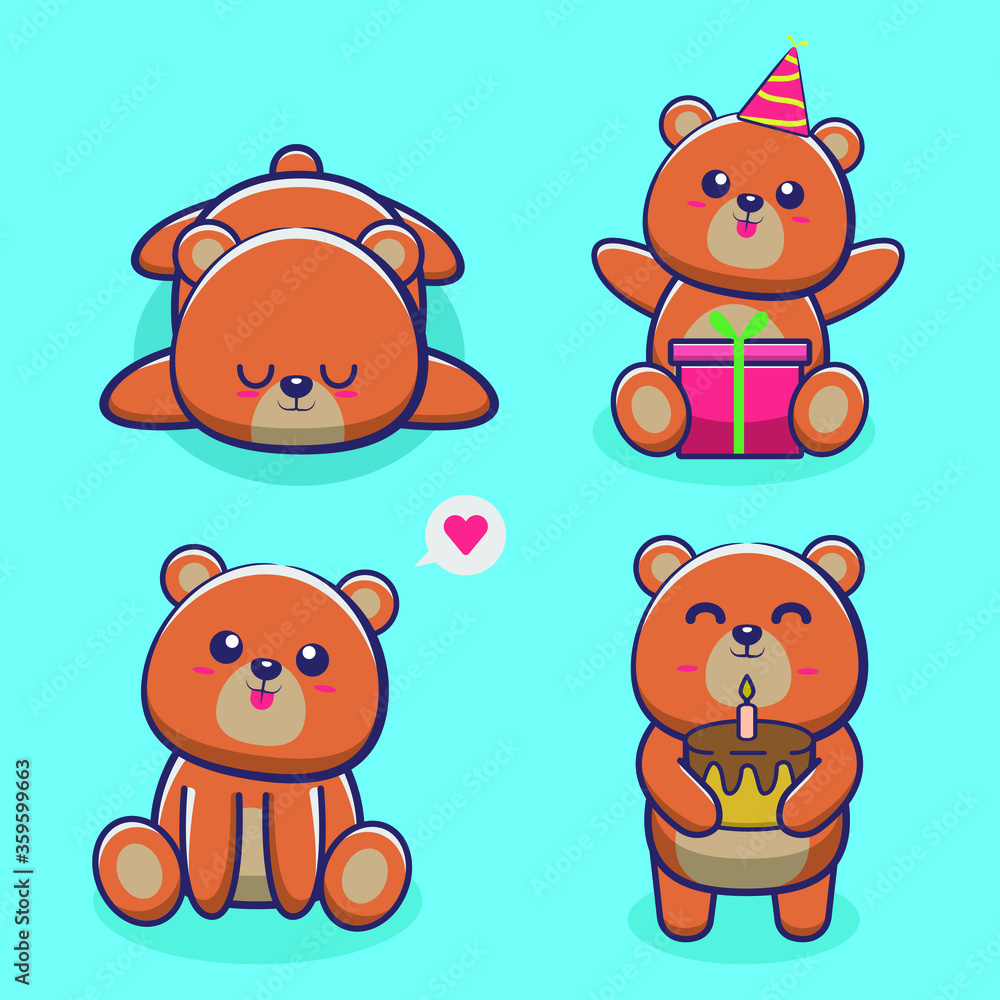 set of cute bear cartoon animals vector illustration , sleep, sitting, cake, and birthday bear. set of cute bear cartoon animals vector illustration , sleep, sitting, cake, and birthday bear.