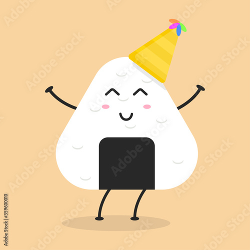 Cute Flat Cartoon Onigiri Illustration. Vector illustration of cute onigiri with a smiling expression. Cute onigiri mascot design