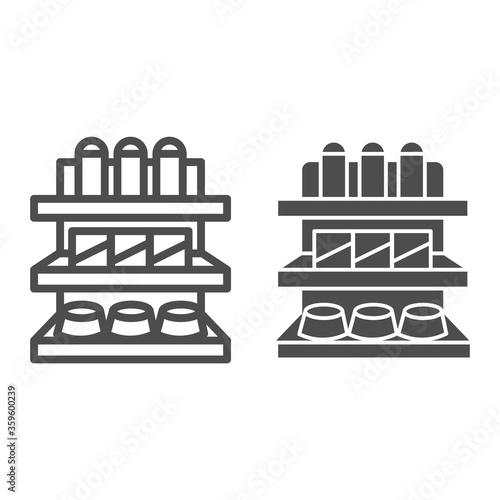Store shelf with goods line and solid icon, market concept, shop shelves with various products sign on white background, supermarket store shelf icon in outline style for mobile, web. Vector graphics.