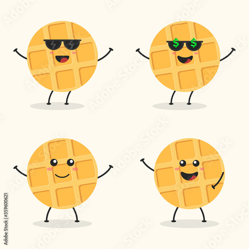 Cute Flat Cartoon Waffle Illustration. Vector illustration of cute Waffle with a smiling expression. Cute Waffle mascot design